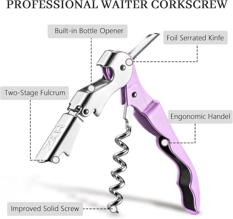 HYZ 2-Pack Wine Opener Waiter Corkscrew, Professional Wine Key for Servers, Bartender with Foil Cutter, Manual Wine Bottle Opener Double Hinged (Light Purple) - Image 2